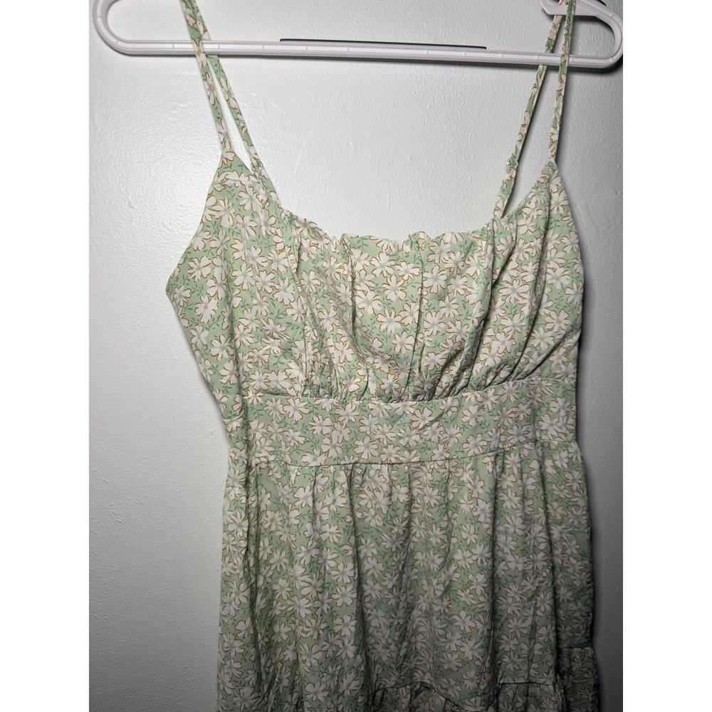 Womens Green Floral Smocked Milkmaid Tiered Mini Dress Medium Coquette Ethereal - Picture 4 of 12